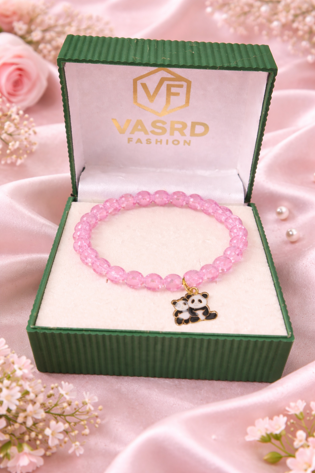 Pink Glass Beaded Bracelet with Panda Charm