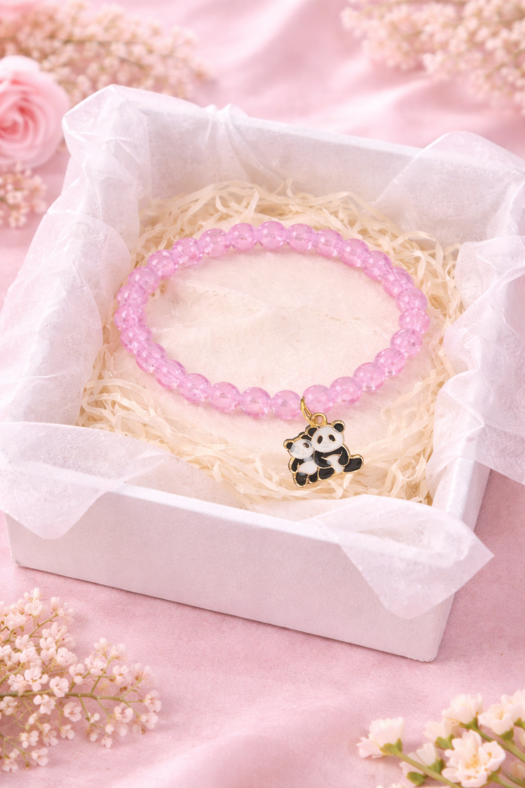 Pink Glass Beaded Bracelet with Panda Charm