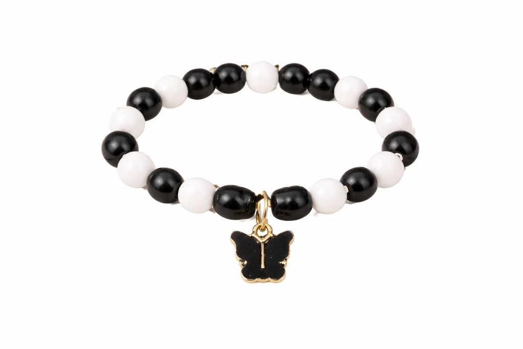 Black & White Beaded Bracelet with Butterfly Charm
