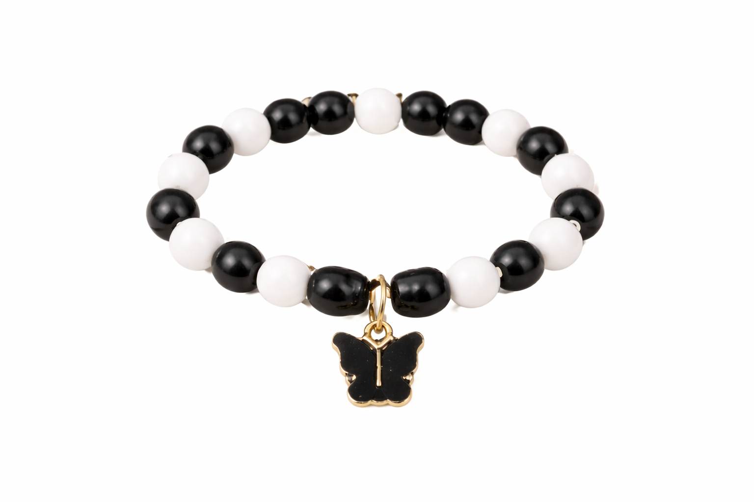 Black & White Beaded Bracelet with Butterfly Charm