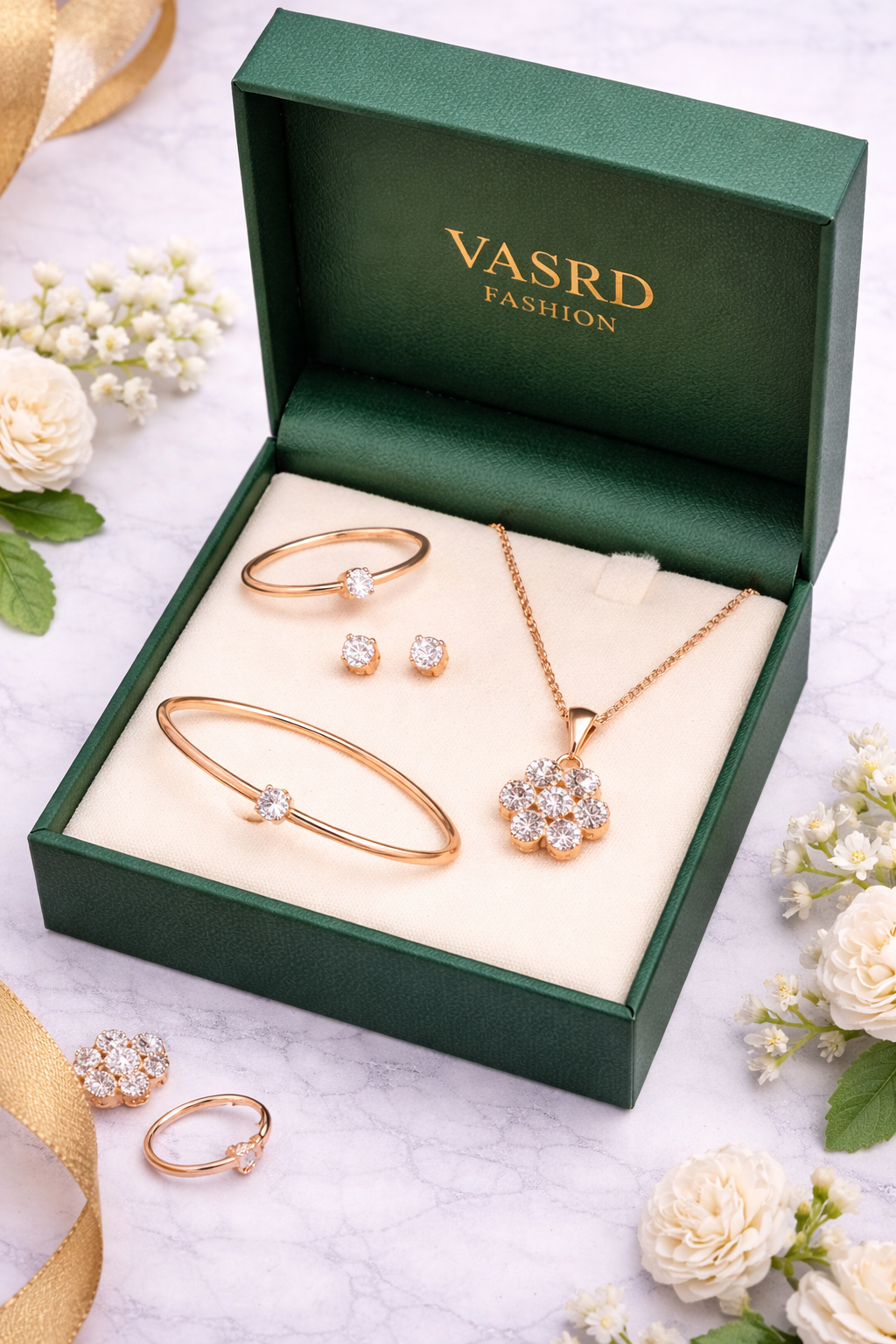 Elegant Floral Rose Gold Jewelry Set with CZ Stones – Pendant Necklace, Bracelet, Ring & Stud Earrings