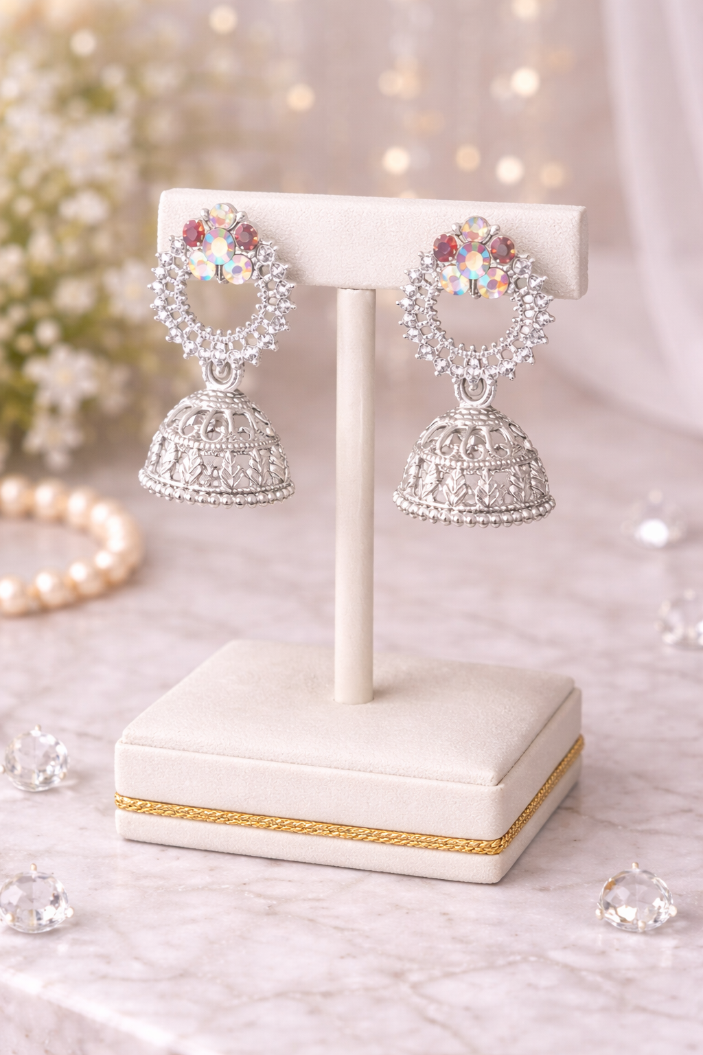 Elegant Silver Floral Jhumka Earrings with Multicolor Stones – Traditional Statement Design
