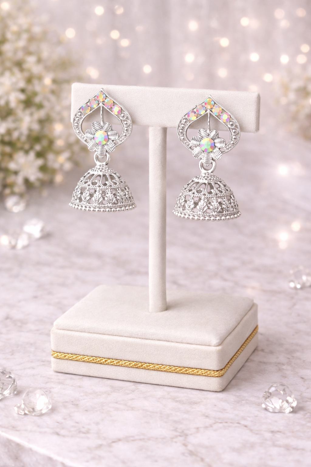 Elegant Silver Leaf Jhumka Earrings with Multicolor Stones – Traditional Ethnic Design