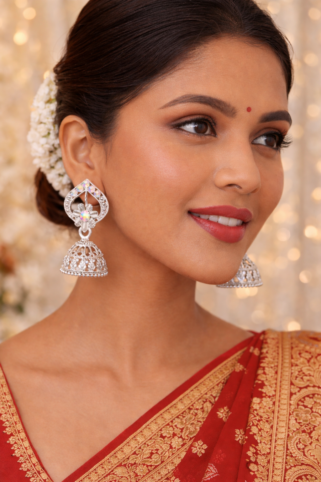 Elegant Silver Leaf Jhumka Earrings with Multicolor Stones – Traditional Ethnic Design