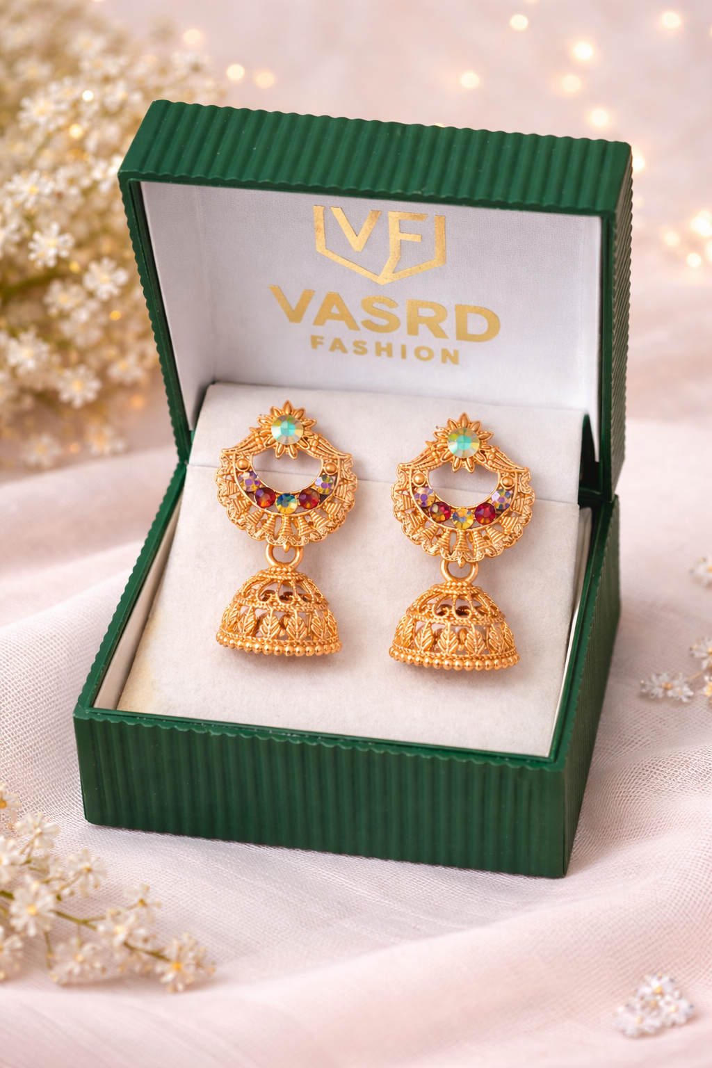 Royal Gold Crescent Jhumka Earrings with Multicolor Stones – Traditional Ethnic Design