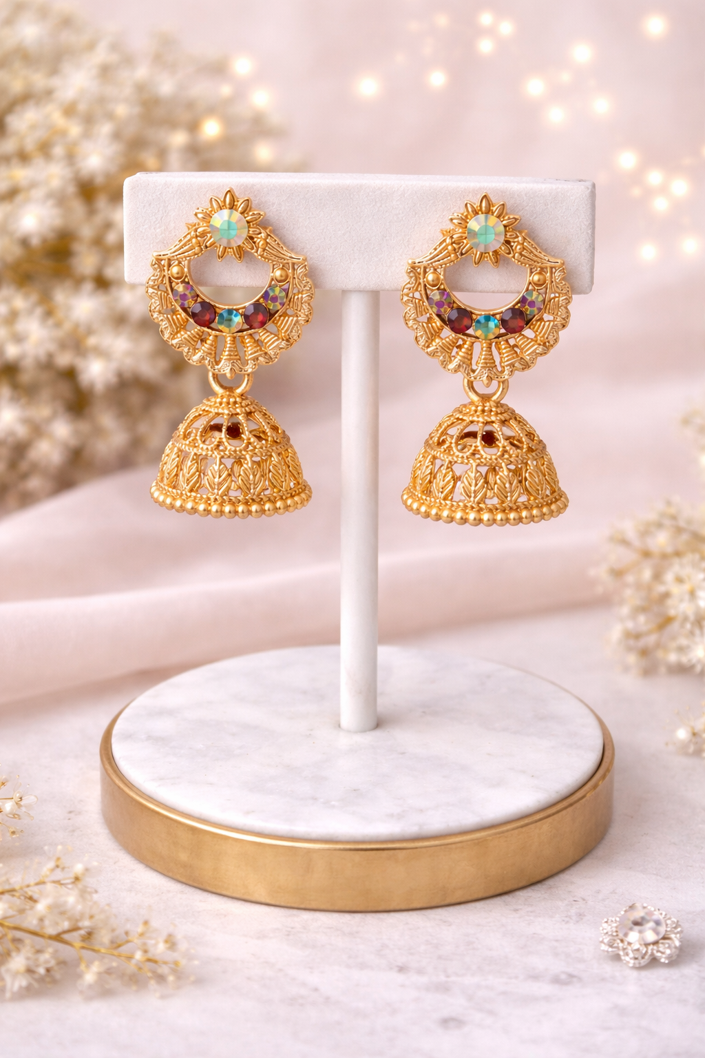 Royal Gold Crescent Jhumka Earrings with Multicolor Stones – Traditional Ethnic Design
