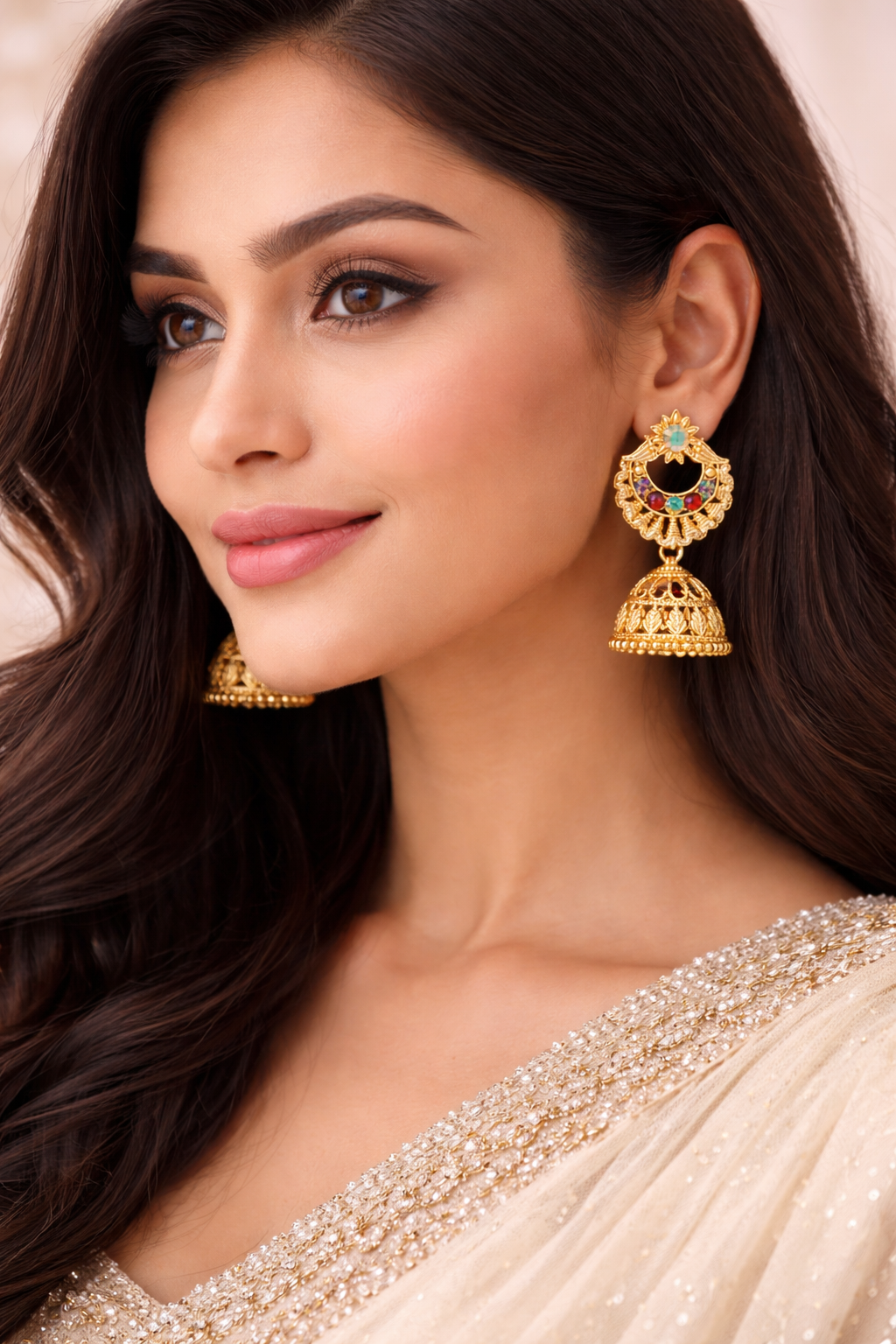Royal Gold Crescent Jhumka Earrings with Multicolor Stones – Traditional Ethnic Design
