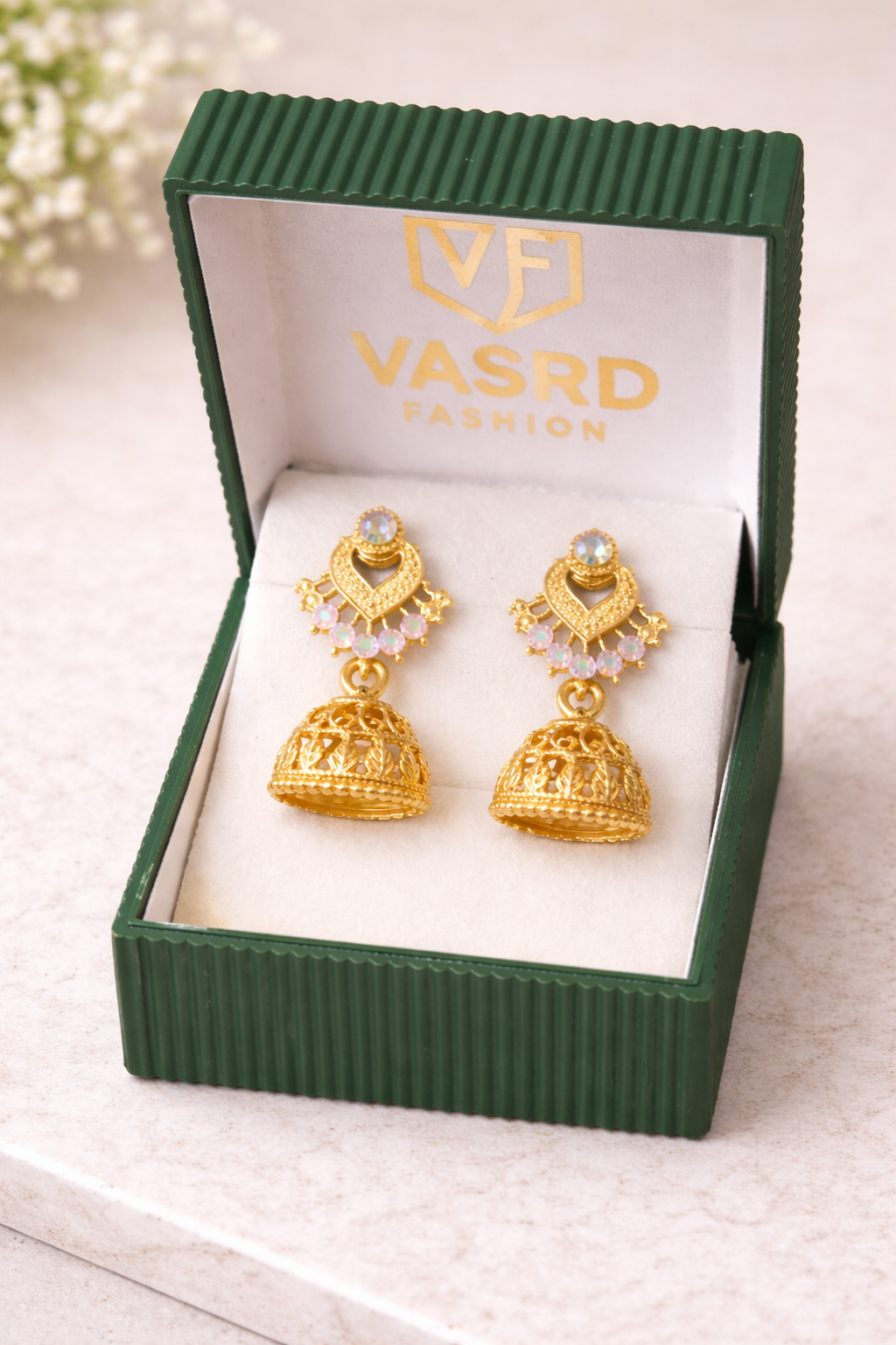 Elegant Gold-Toned Traditional Jhumka Earrings with Stone & Filigree Design