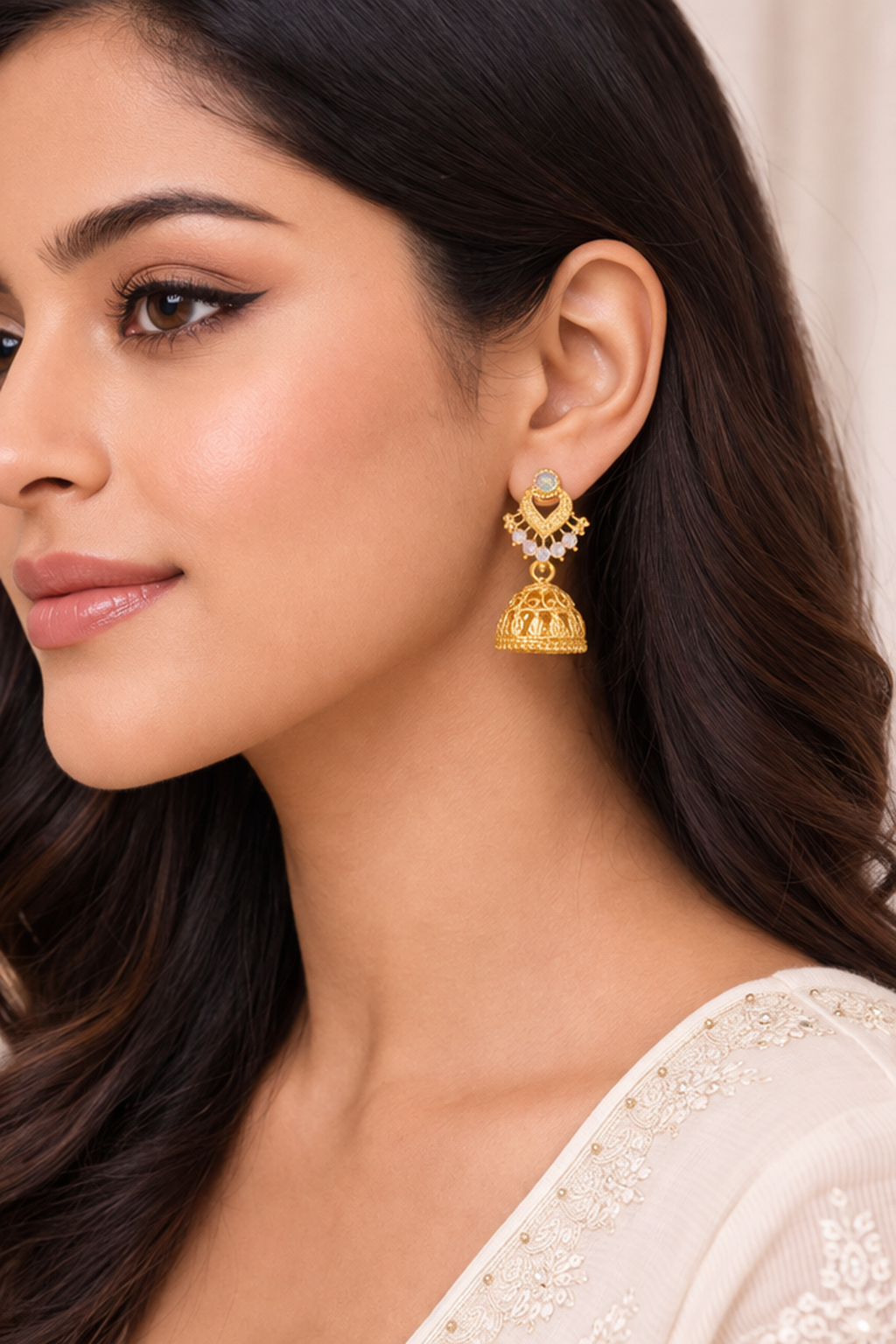 Elegant Gold-Toned Traditional Jhumka Earrings with Stone & Filigree Design