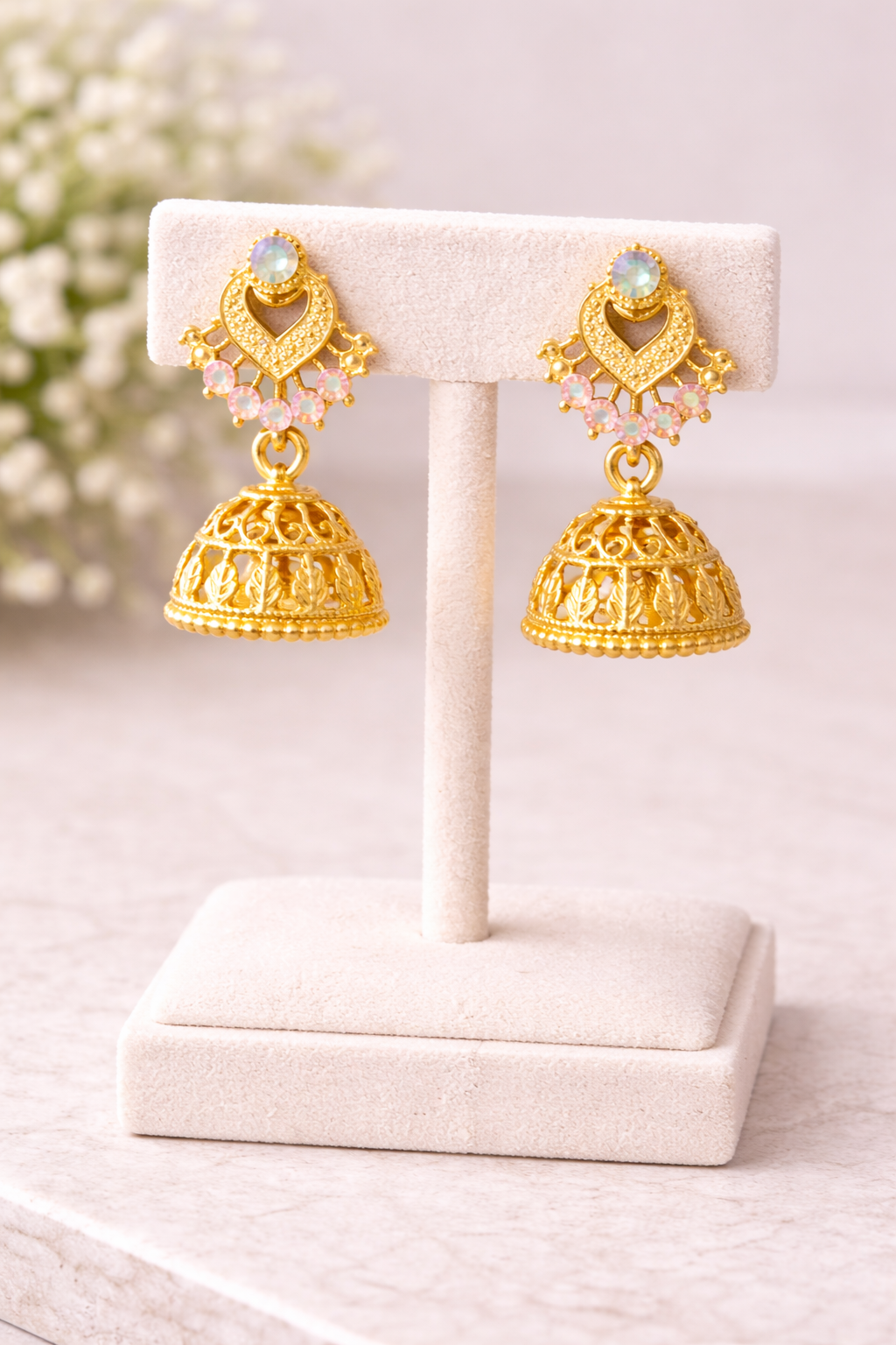 Elegant Gold-Toned Traditional Jhumka Earrings with Stone & Filigree Design