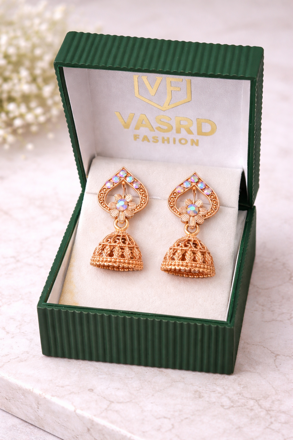 Rose Gold-Toned Designer Jhumka Earrings with Multicolor Stones & Intricate Filigree Design