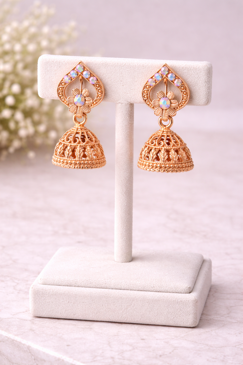 Rose Gold-Toned Designer Jhumka Earrings with Multicolor Stones & Intricate Filigree Design
