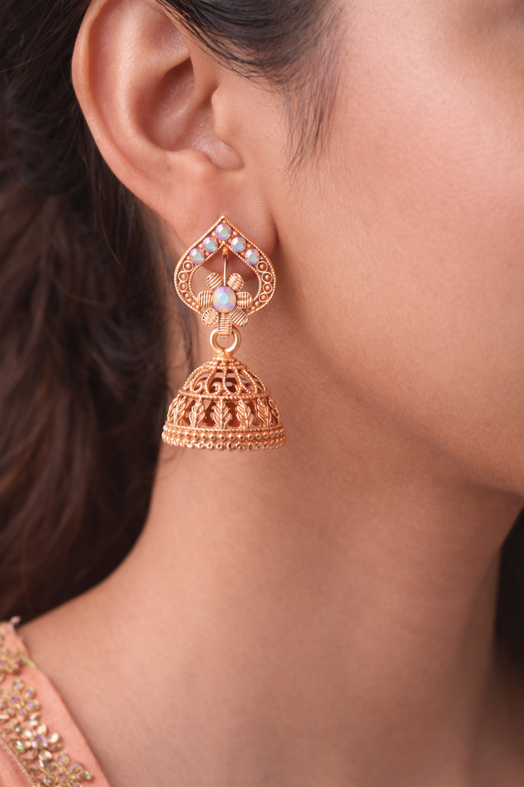 Rose Gold-Toned Designer Jhumka Earrings with Multicolor Stones & Intricate Filigree Design