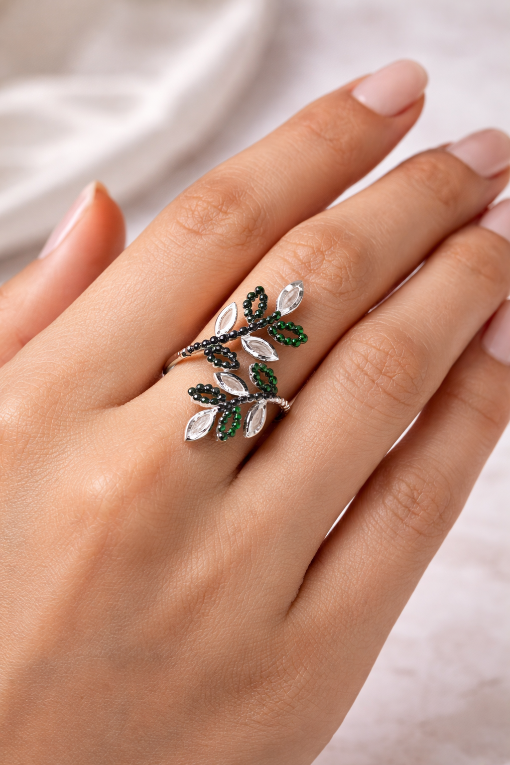Elegant Green Leaf Crystal Adjustable Ring for Women