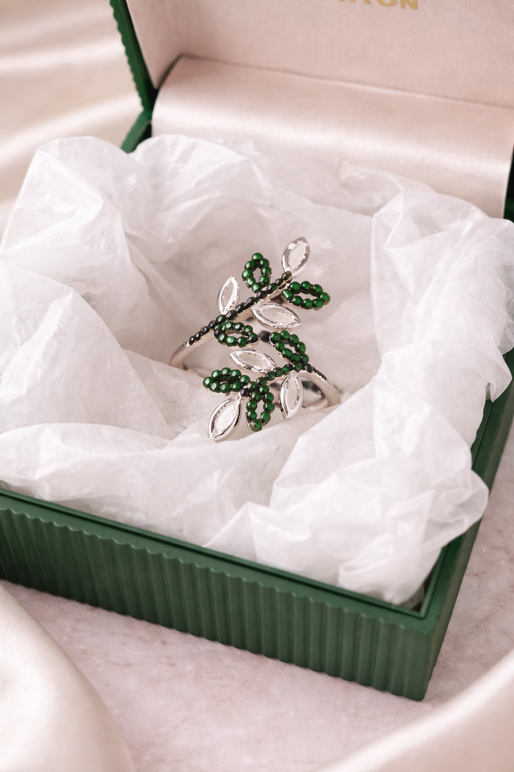 Elegant Green Leaf Crystal Adjustable Ring for Women