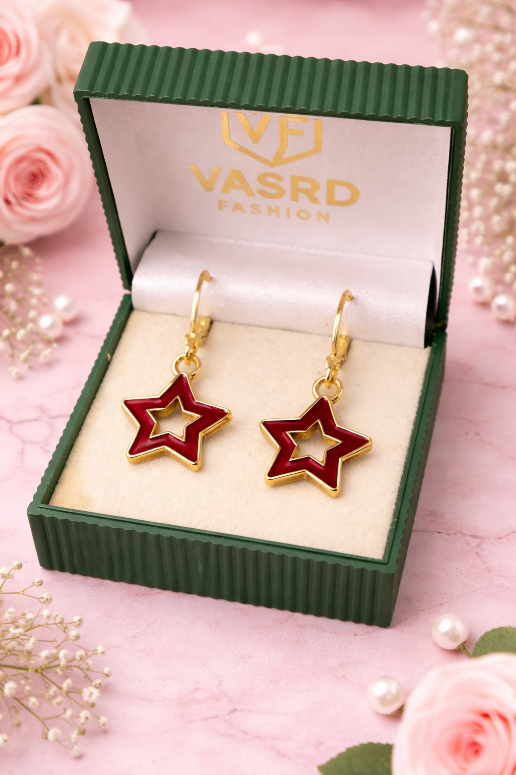 Gold Tone Red Star Drop Earrings with Lever Back Closure