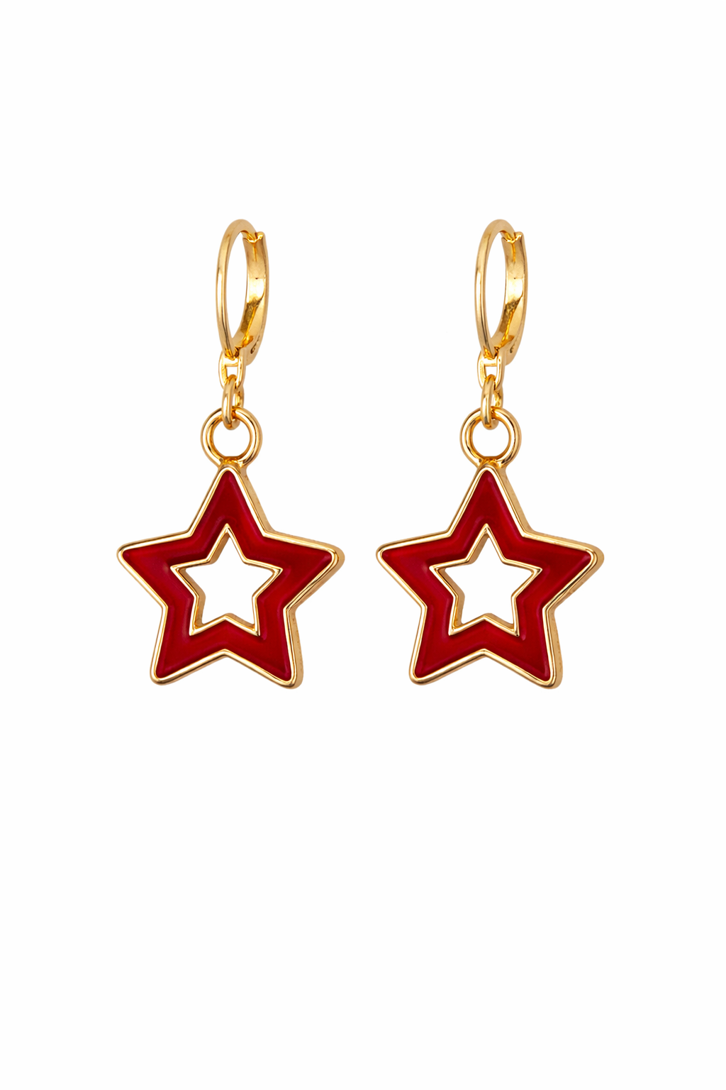 Gold Tone Red Star Drop Earrings with Lever Back Closure