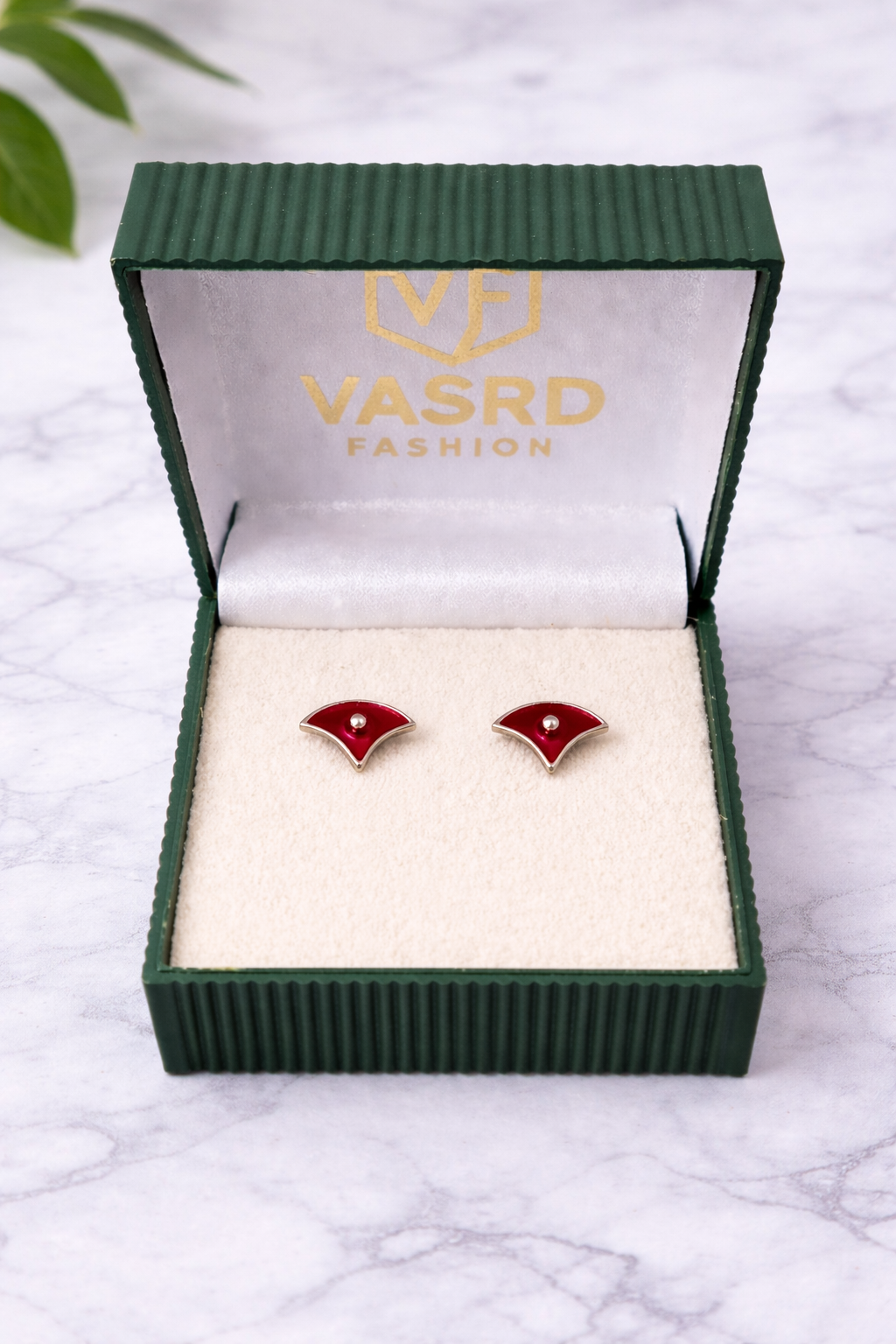 Elegant Red Enamel Fan Stud Earrings with Crystal Center