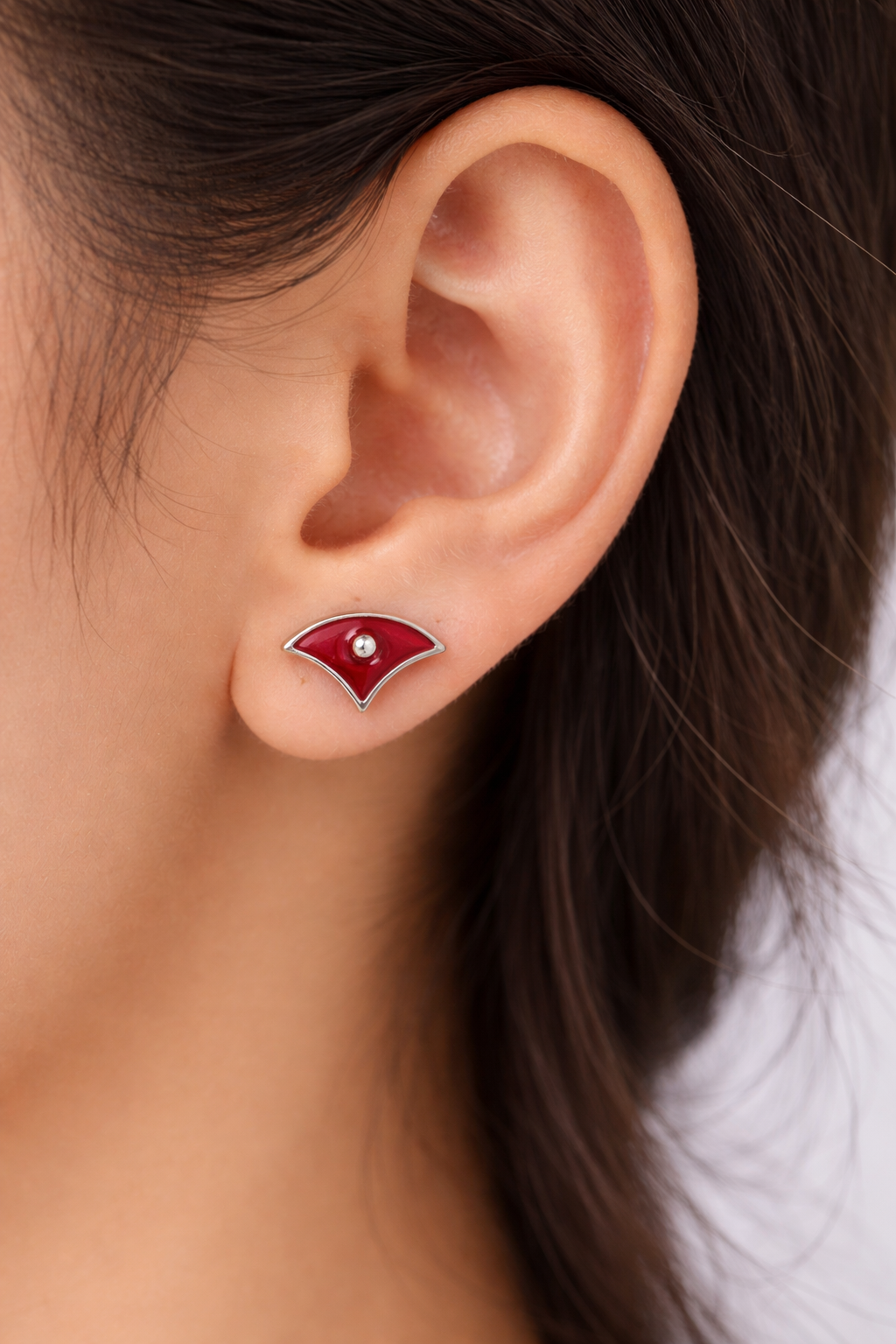 Elegant Red Enamel Fan Stud Earrings with Crystal Center