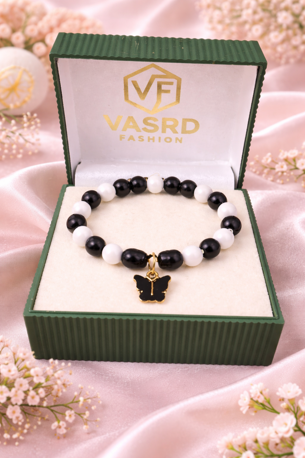 Black & White Beaded Bracelet with Butterfly Charm