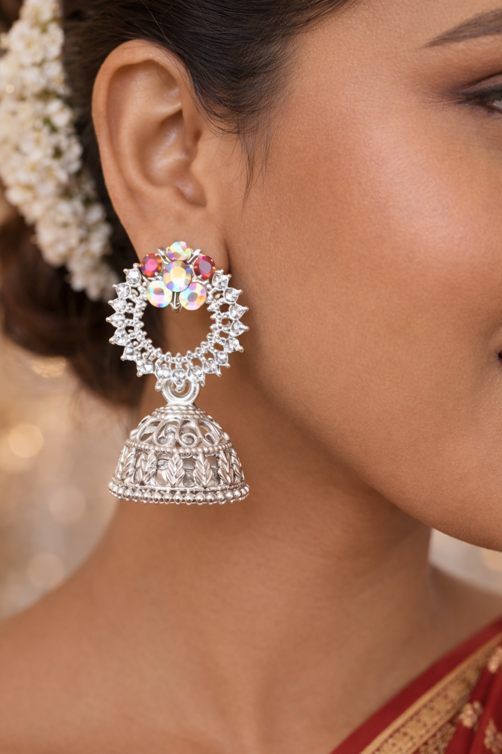 Elegant Silver Floral Jhumka Earrings with Multicolor Stones – Traditional Statement Design