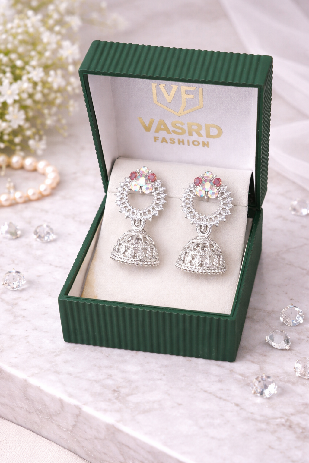 Elegant Silver Floral Jhumka Earrings with Multicolor Stones – Traditional Statement Design