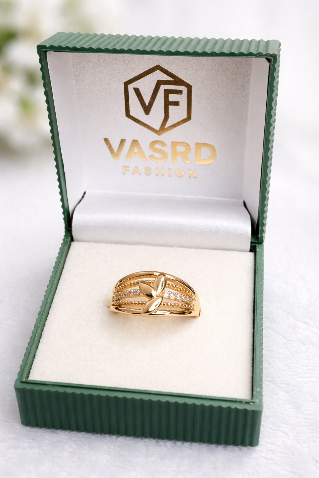 Leaf Design Gold Plated CZ Ring