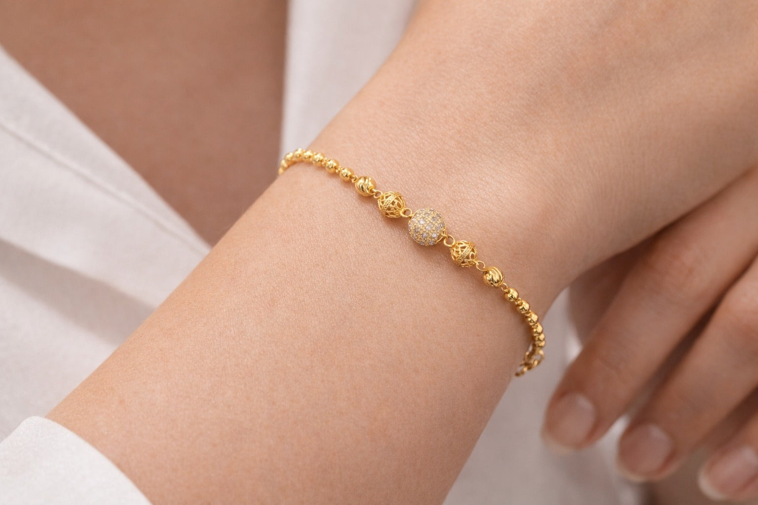 Elegant Gold Beaded Bracelet with Sparkling CZ Accent Ball