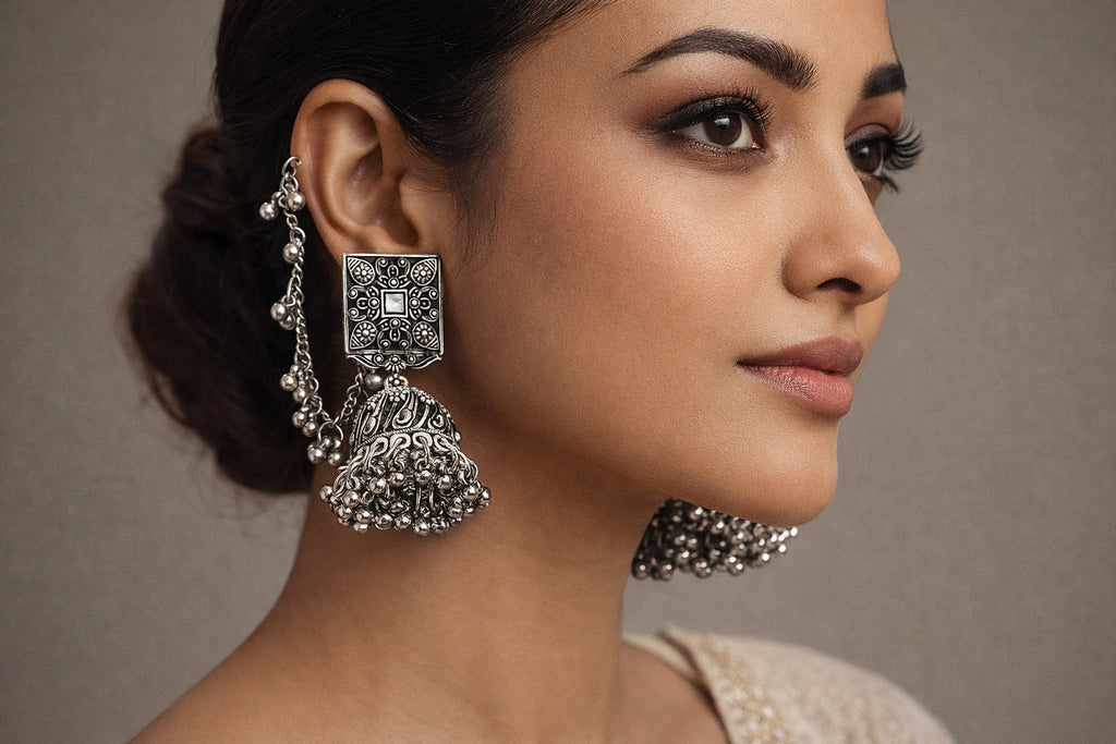 Oxidized Silver Square Jhumka Earrings with Ear Chain – Traditional Statement Jewelry