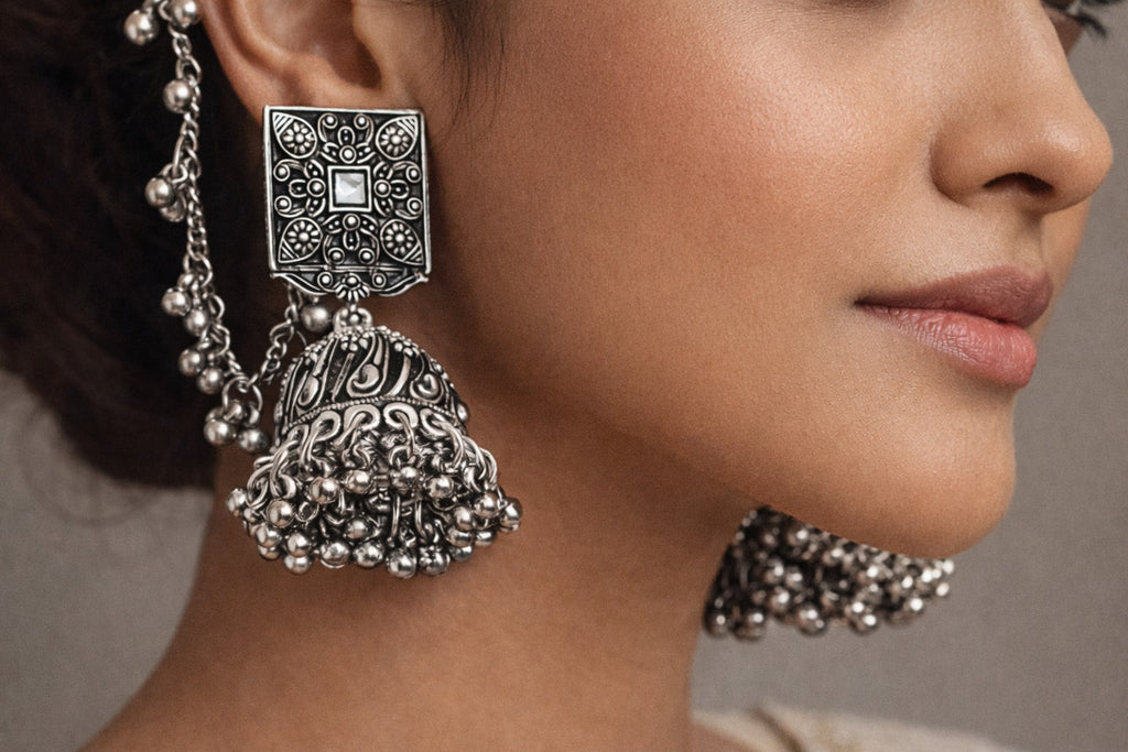 Oxidized Silver Square Jhumka Earrings with Ear Chain – Traditional Statement Jewelry