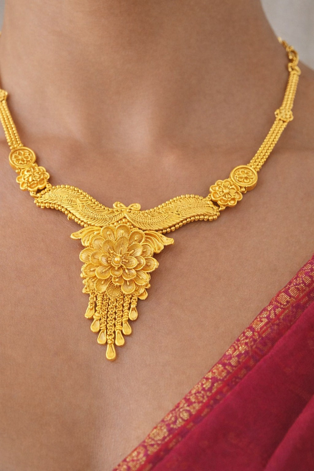 Regal Floral Drop Gold Necklace Set with Elegant Heritage Detailing
