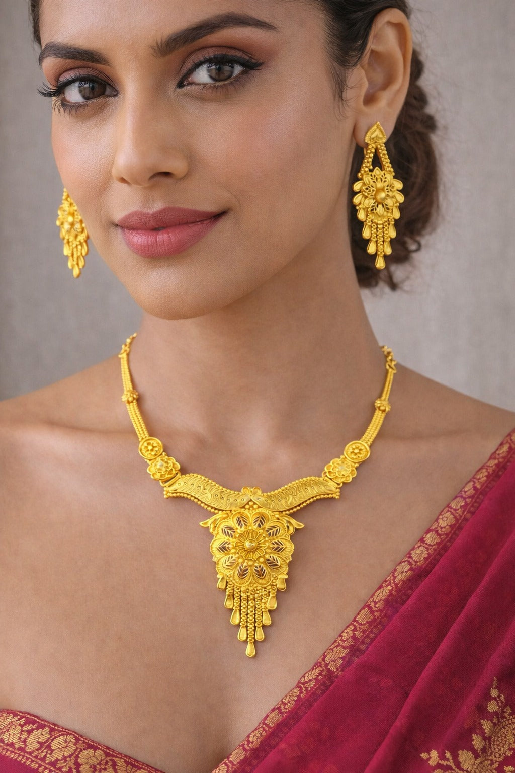 Royal Floral Heritage Gold Necklace Set with Statement Pendant & Elegant Earrings