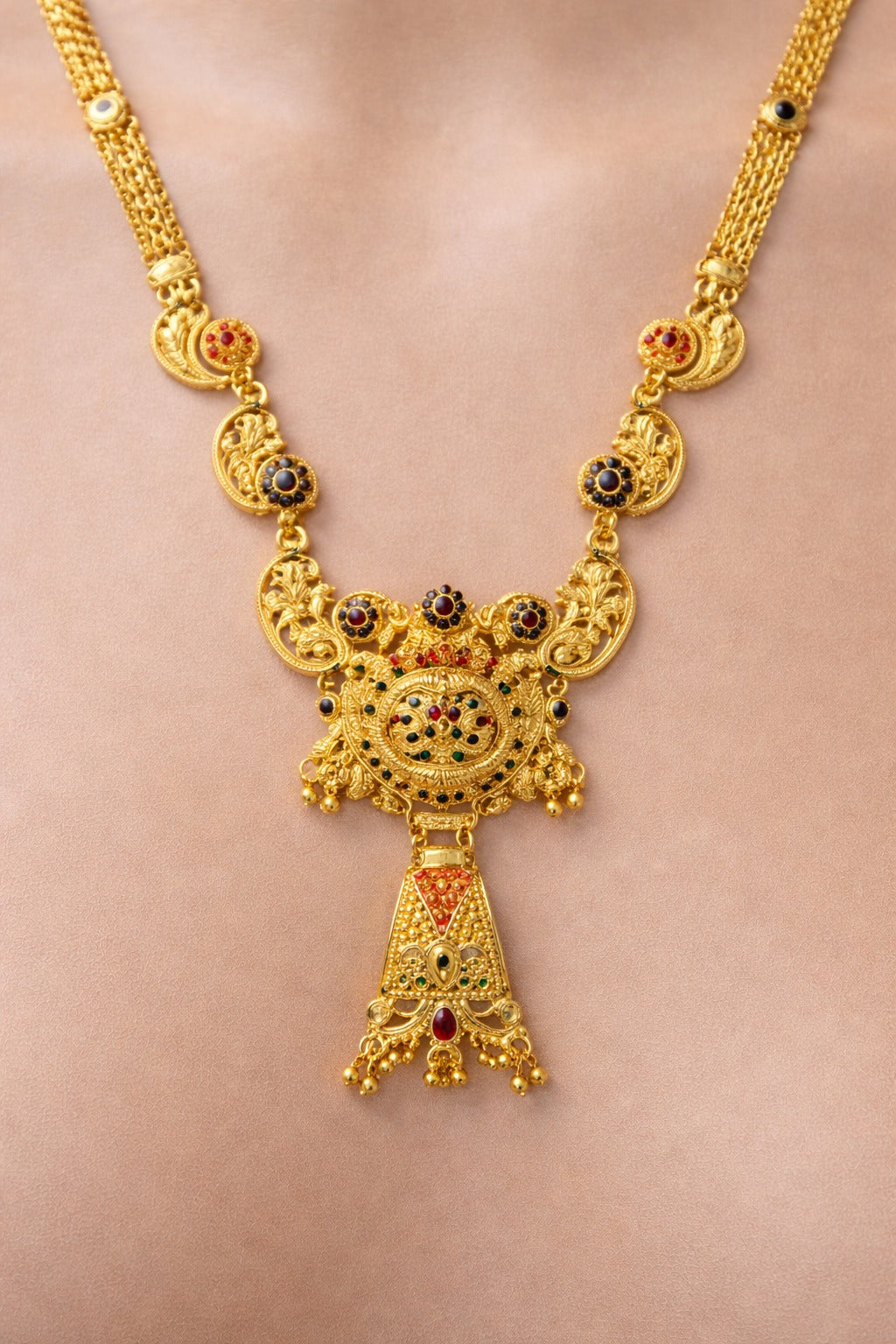Royal Navratna Peacock Motif Gold Necklace Set