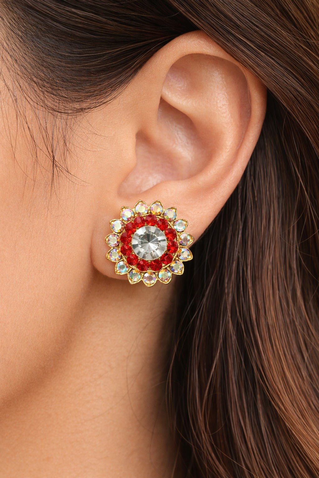 Radiant Scarlet Crystal Flower Stud Earrings