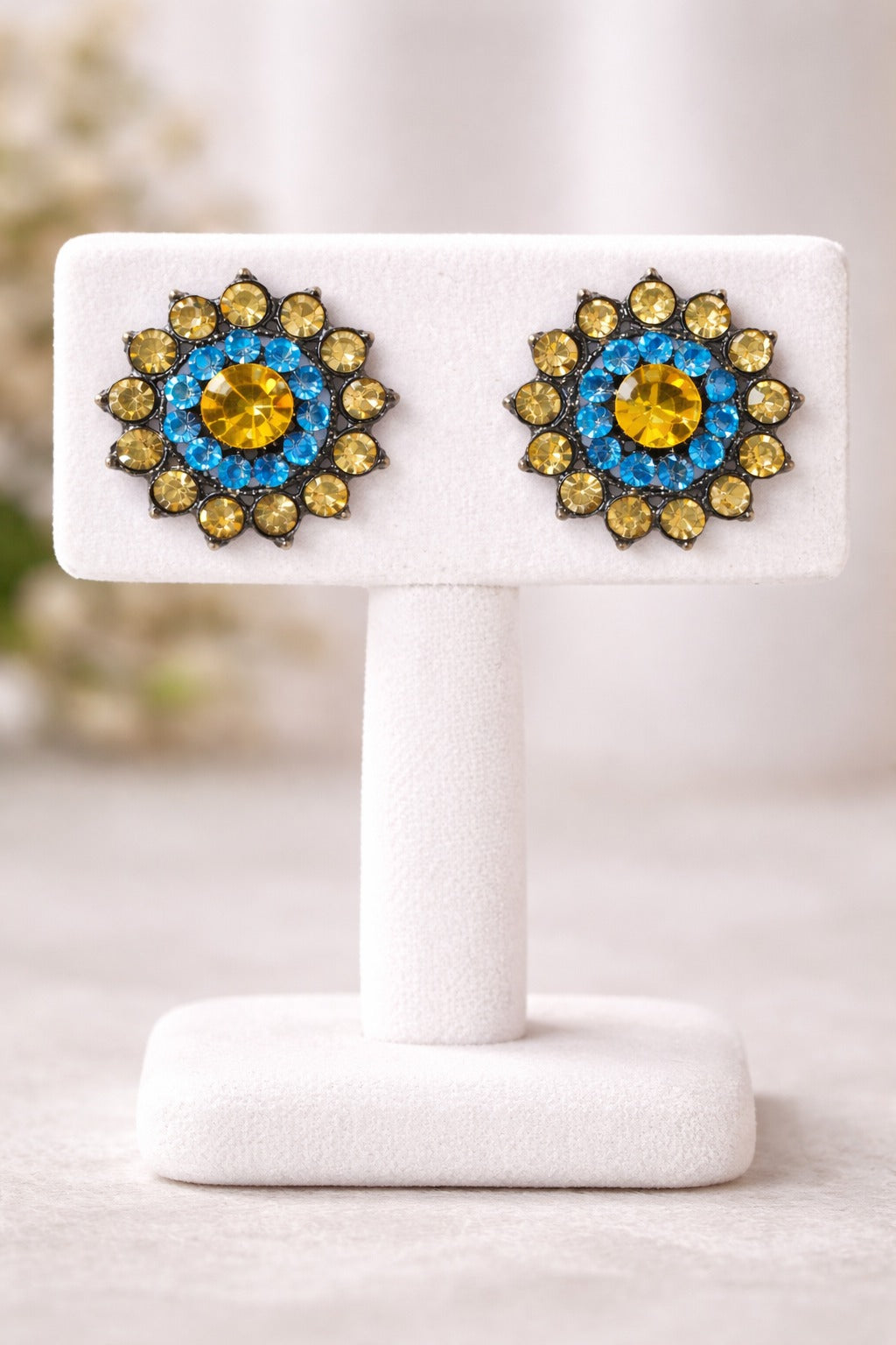 Royal Blue & Gold Crystal Floral Statement Stud Earrings