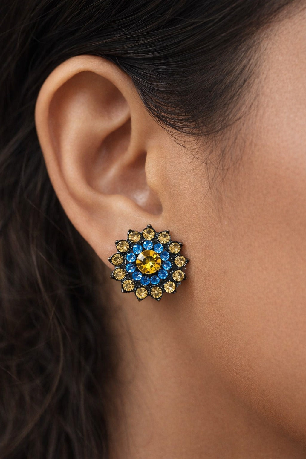 Royal Blue & Gold Crystal Floral Statement Stud Earrings