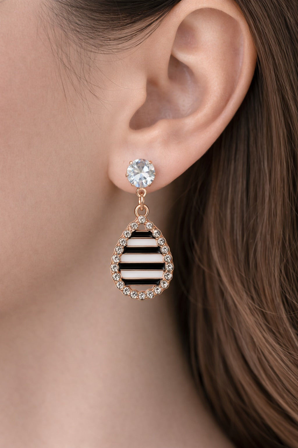 Rose Gold Striped Teardrop Crystal Halo Earrings