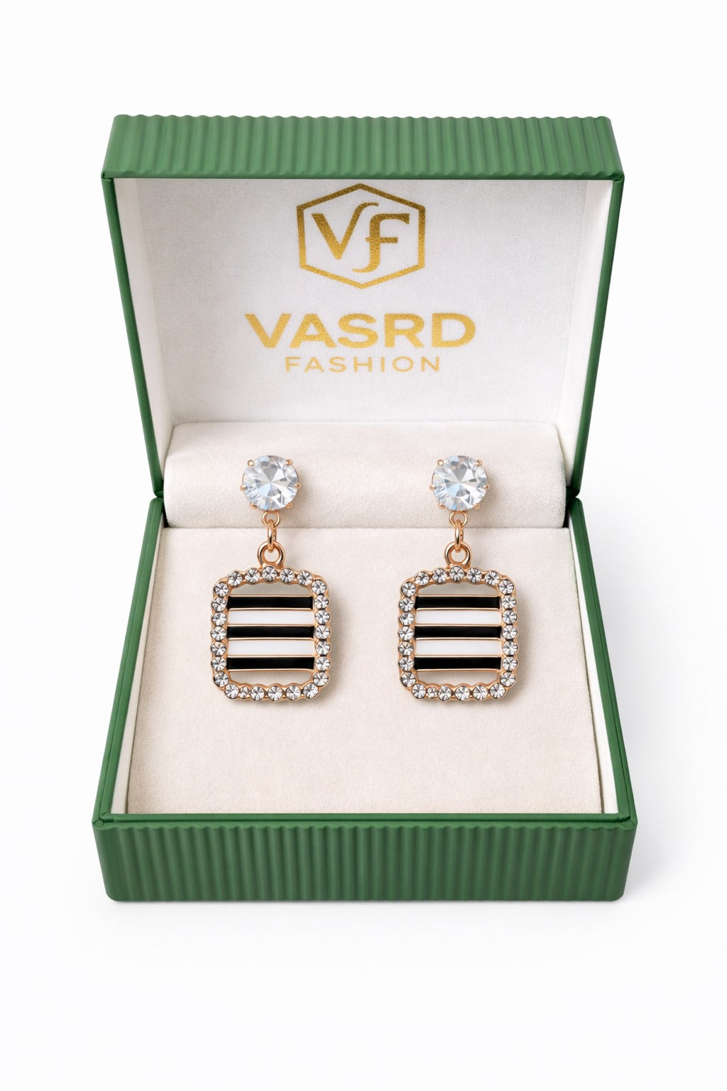 Rose Gold Striped Square Crystal Halo Drop Earrings