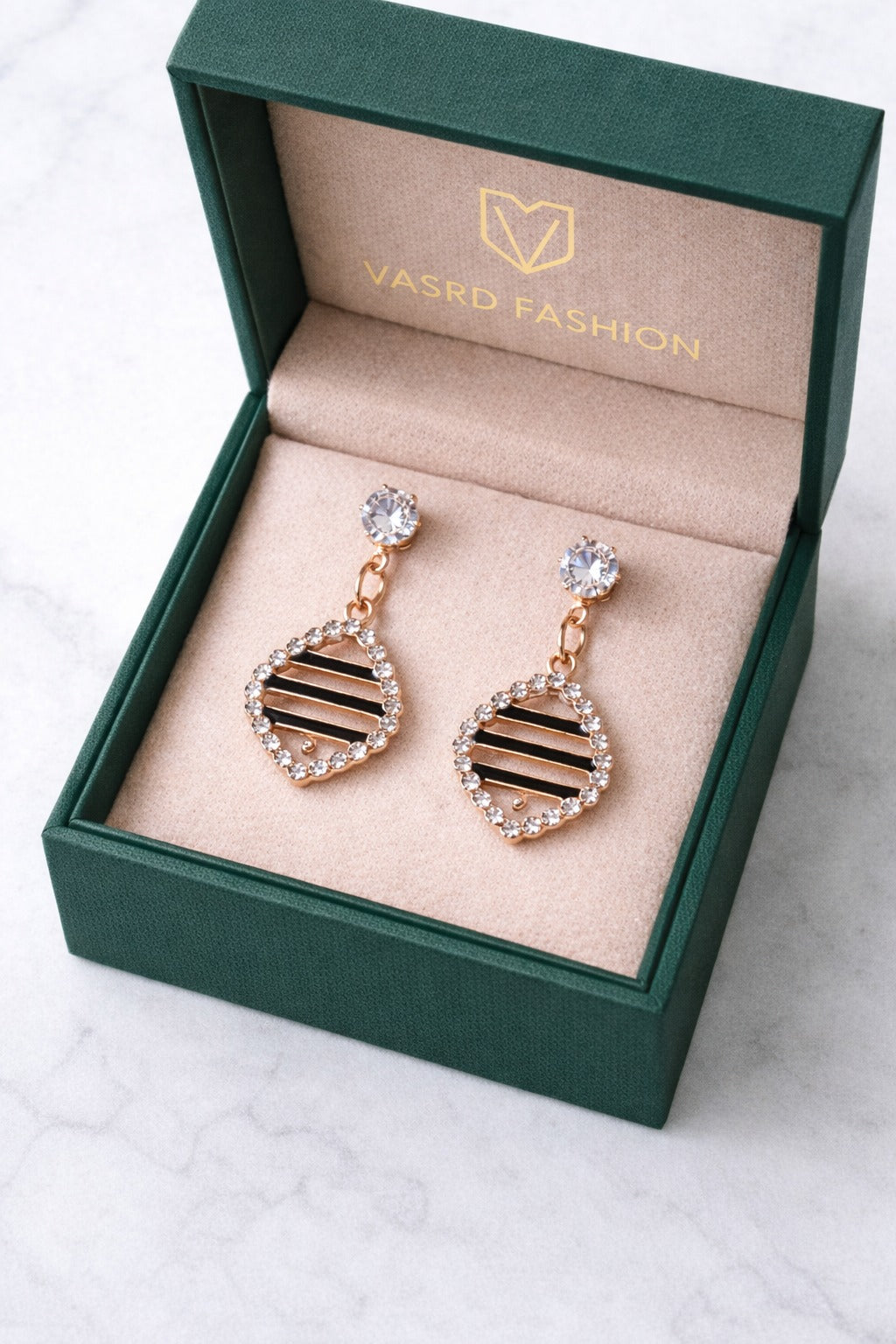 Rose Gold Striped Diamond Shape Crystal Halo Drop Earrings