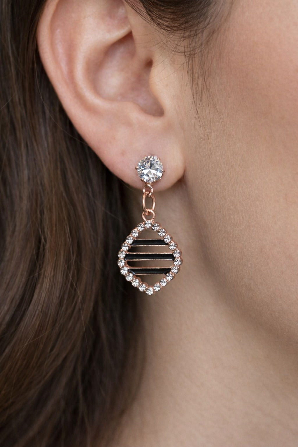Rose Gold Striped Clover Crystal Halo Drop Earrings
