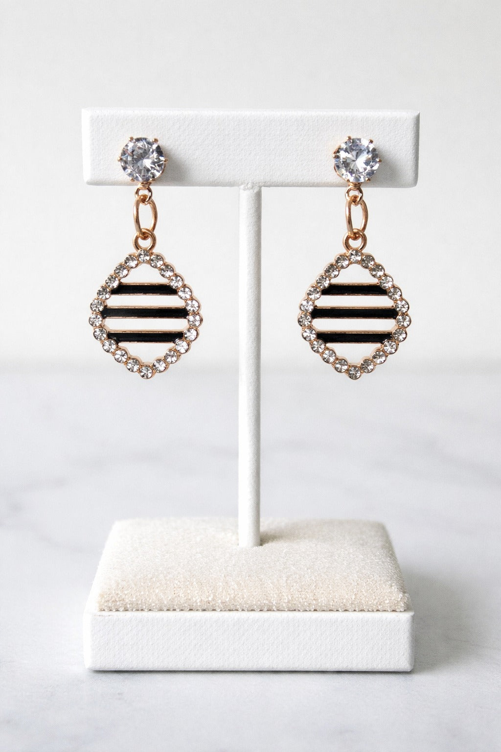 Rose Gold Striped Clover Crystal Halo Drop Earrings