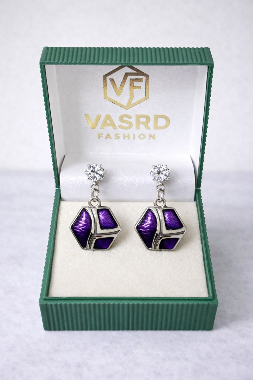 Royal Purple Geometric Enamel Crystal Drop Earrings