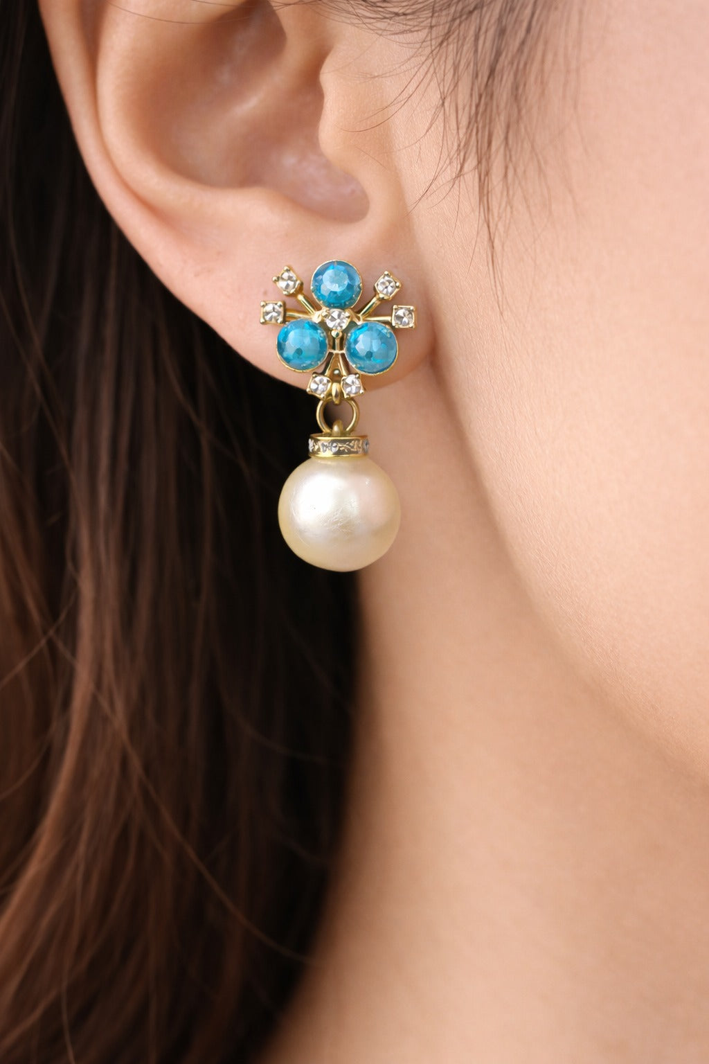 Elegant Sky Blue Pearl Drop Earrings with Crystal Floral Stud