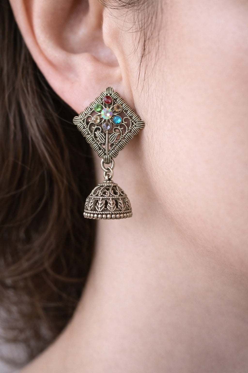Multicolor Stone Oxidized Silver Jhumka Earrings with Traditional Filigree Design