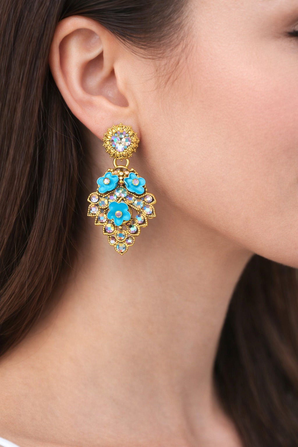 Sky Blue Floral Crystal Statement Drop Earrings in Gold Tone