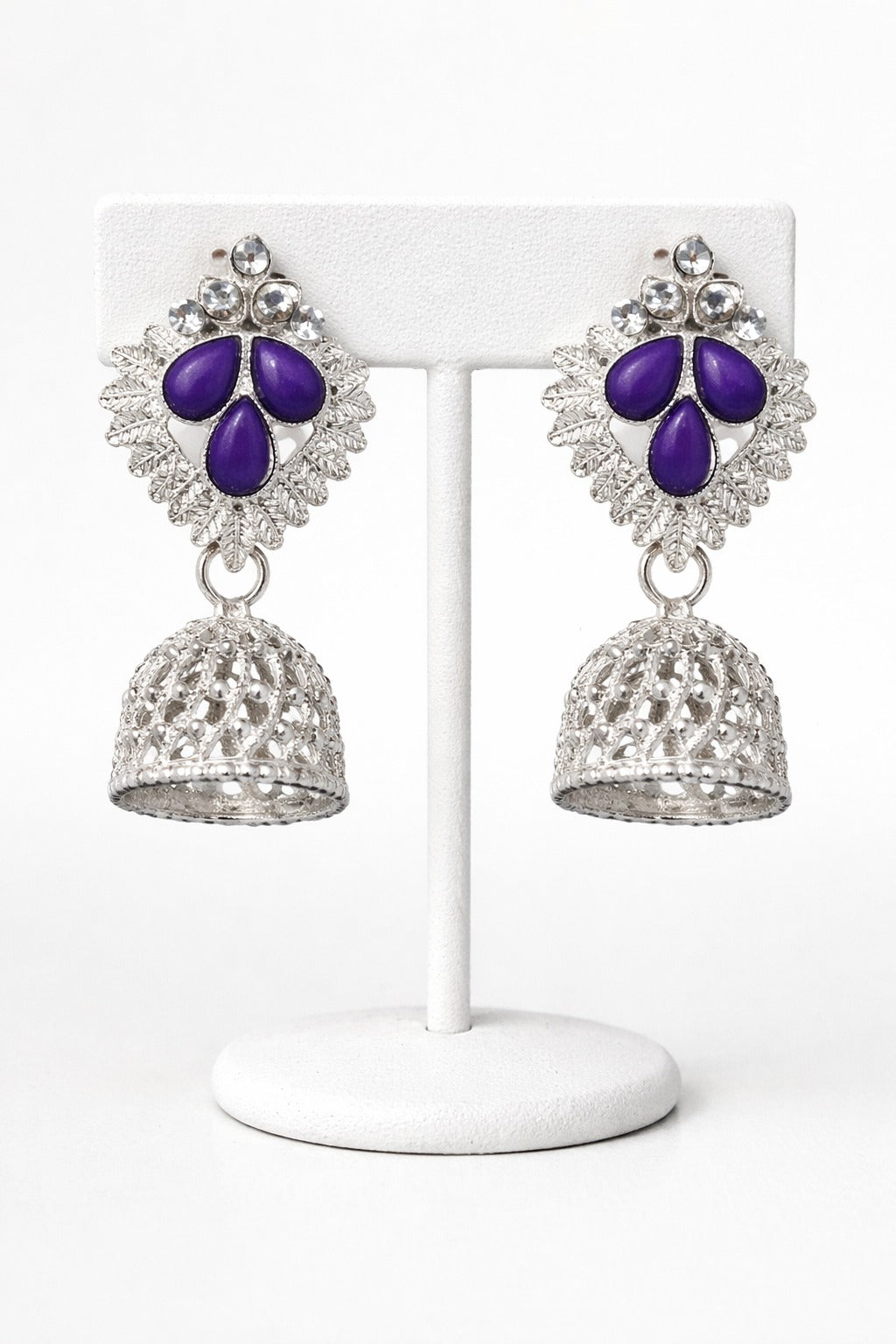Silver Filigree Jhumka Earrings with Purple Stone Accent