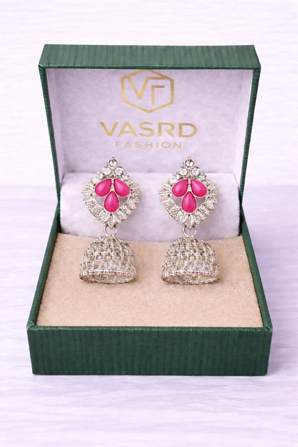 Elegant Pink Stone Silver Jhumka Earrings