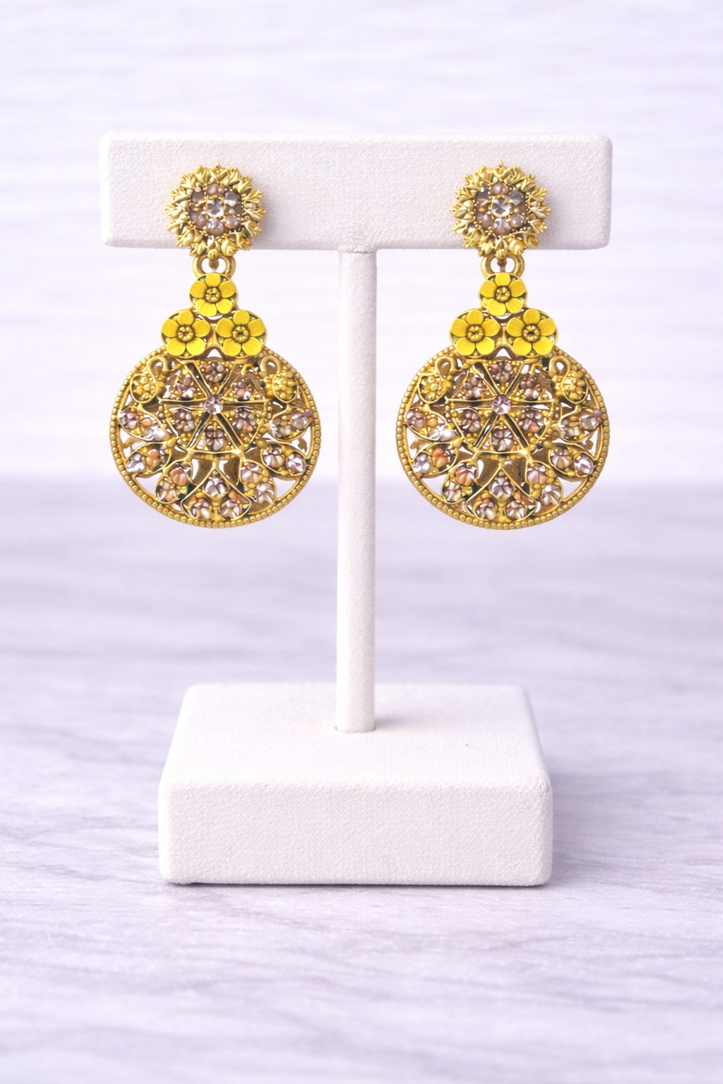 Sunflower Yellow Floral Gold-Tone Crystal Statement Drop Earrings for Women