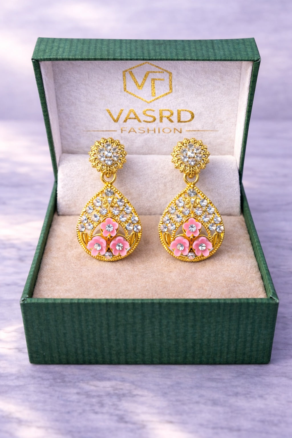 Blush Pink Floral Crystal Teardrop Statement Earrings