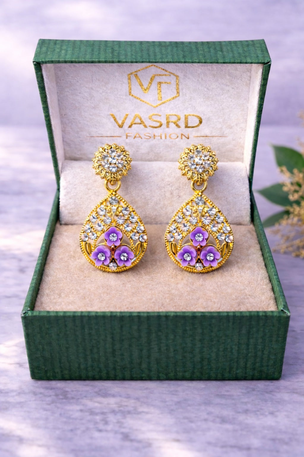 Lavender Bloom Floral Crystal Teardrop Earrings